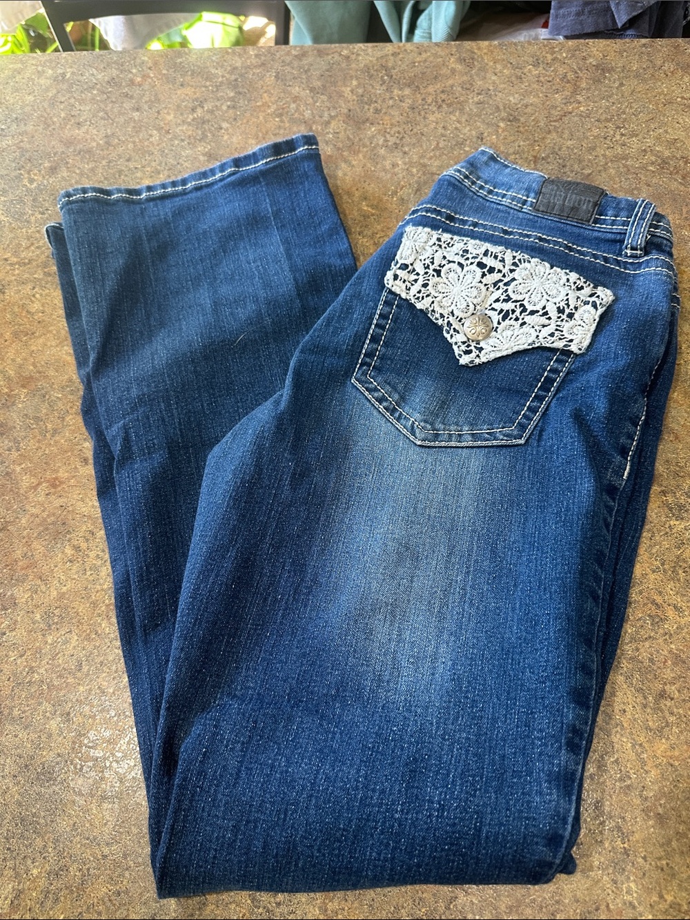 Love Nation Dark Blue Boot Cut Jeans with White Crochet Pocket